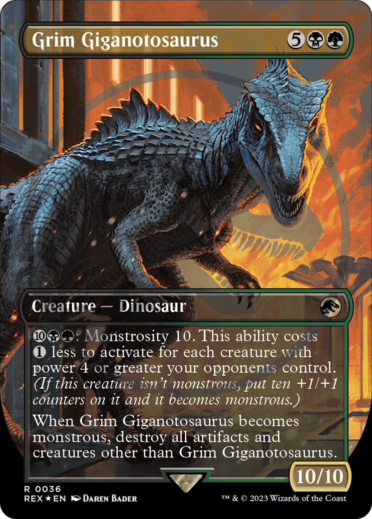 FOIL Grim Giganotosaurus (Borderless) (Emblem) (REX-036) - Jurassic World Collection - Magic The Gathering