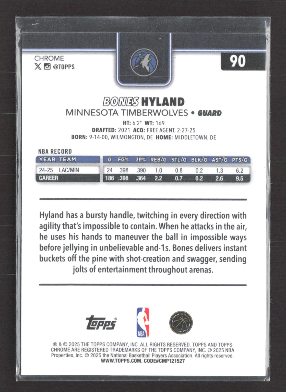 2025 Topps Chrome Bones Hyland #90 Black 10/10