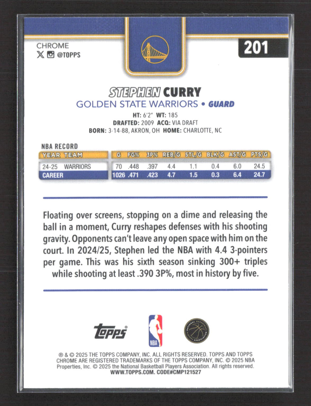 2025 Topps Chrome Basketball Stephen Curry #201 Aqua RayWave 097/199