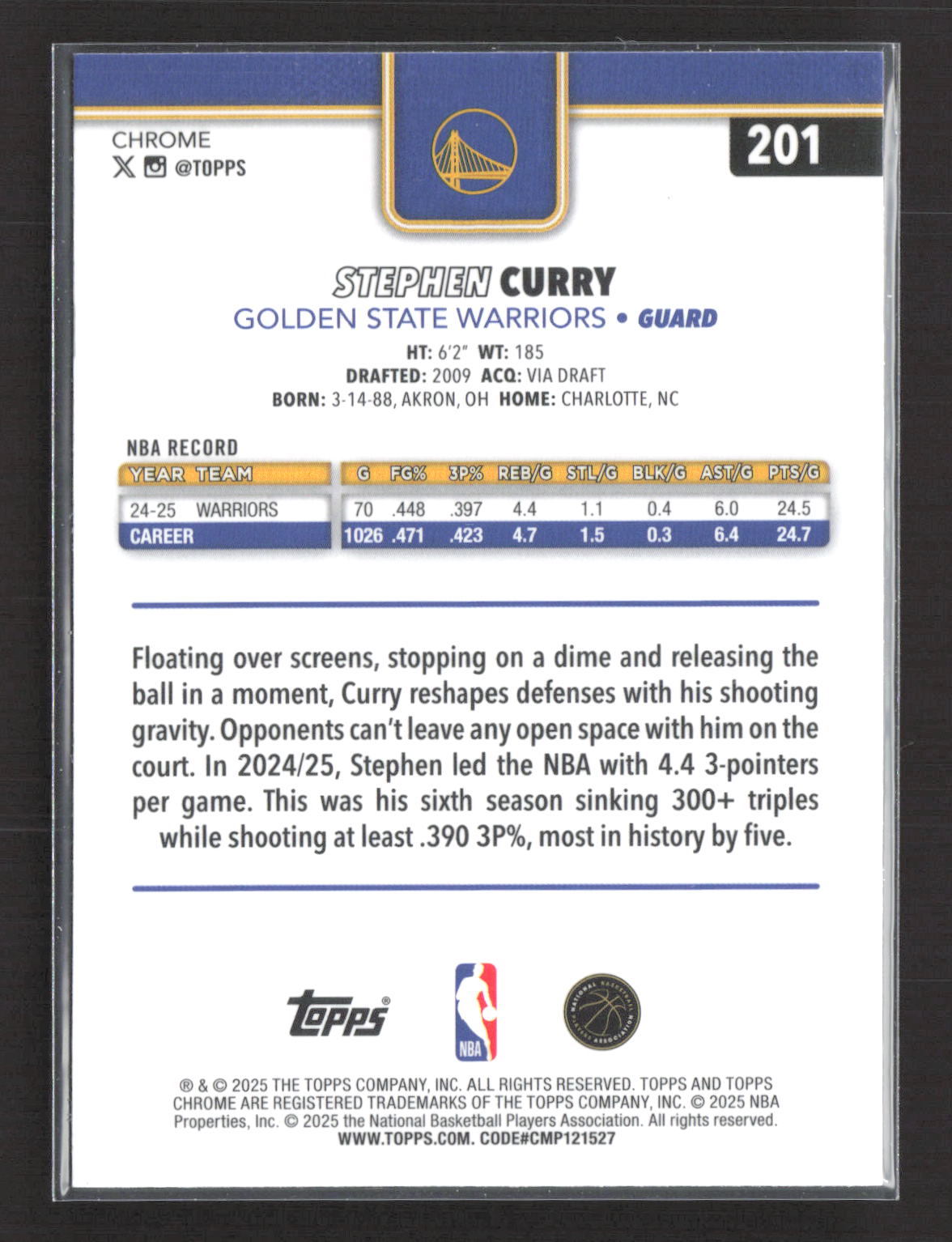 2025 Topps Chrome Basketball Stephen Curry #201 Aqua RayWave 097/199