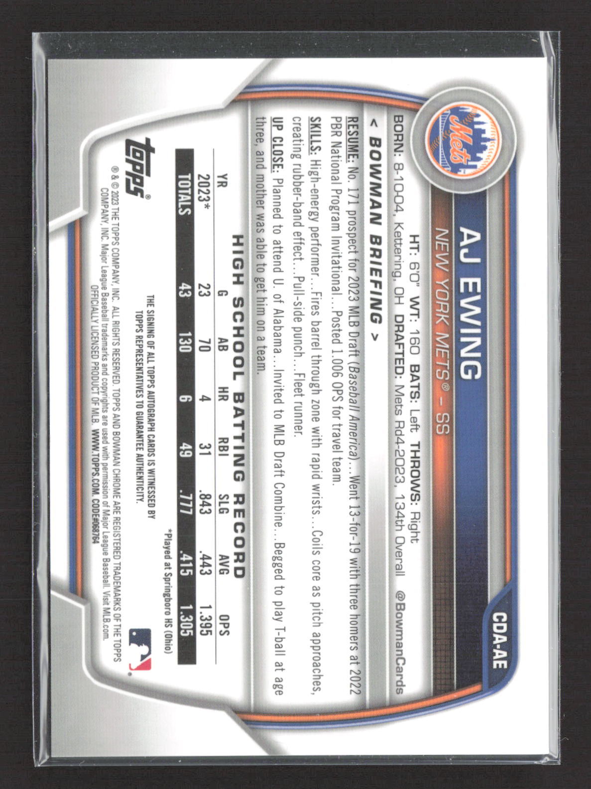 2023 Topps Bowman Chrome AJ Ewing #CDA-AE 1st Bowman Auto