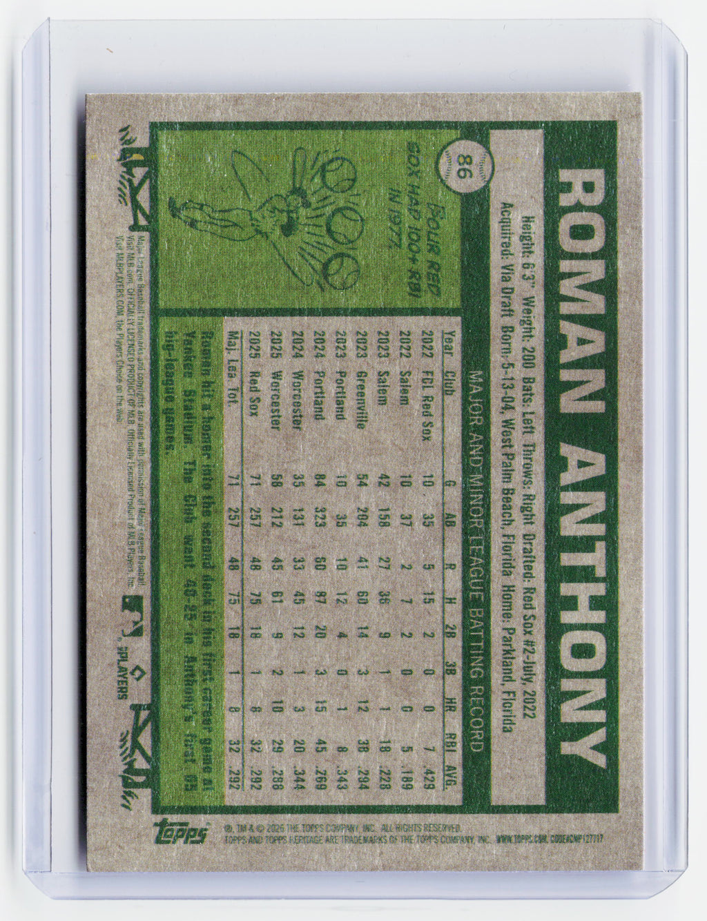 2026 Topps Heritage Baseball—Roman Anthony #86 Purple Border RC