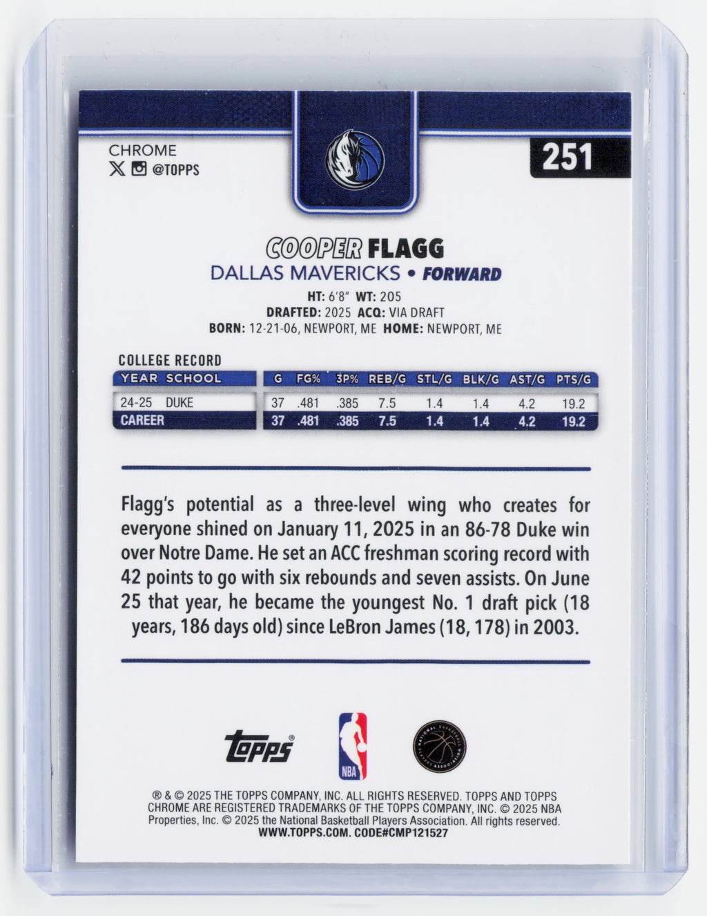 2025 Topps Chrome Basketball—Cooper Flagg #251 RC—Photo Variation