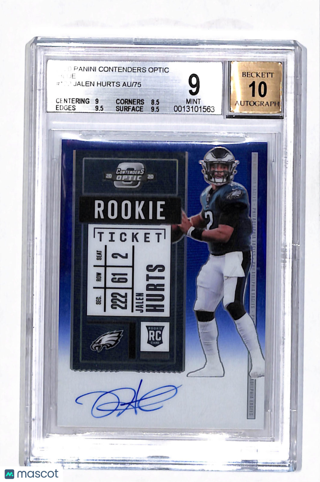 2020 Panini Contenders Optic Blue Jalen Hurts #122 /75 BGS 9 Auto 10