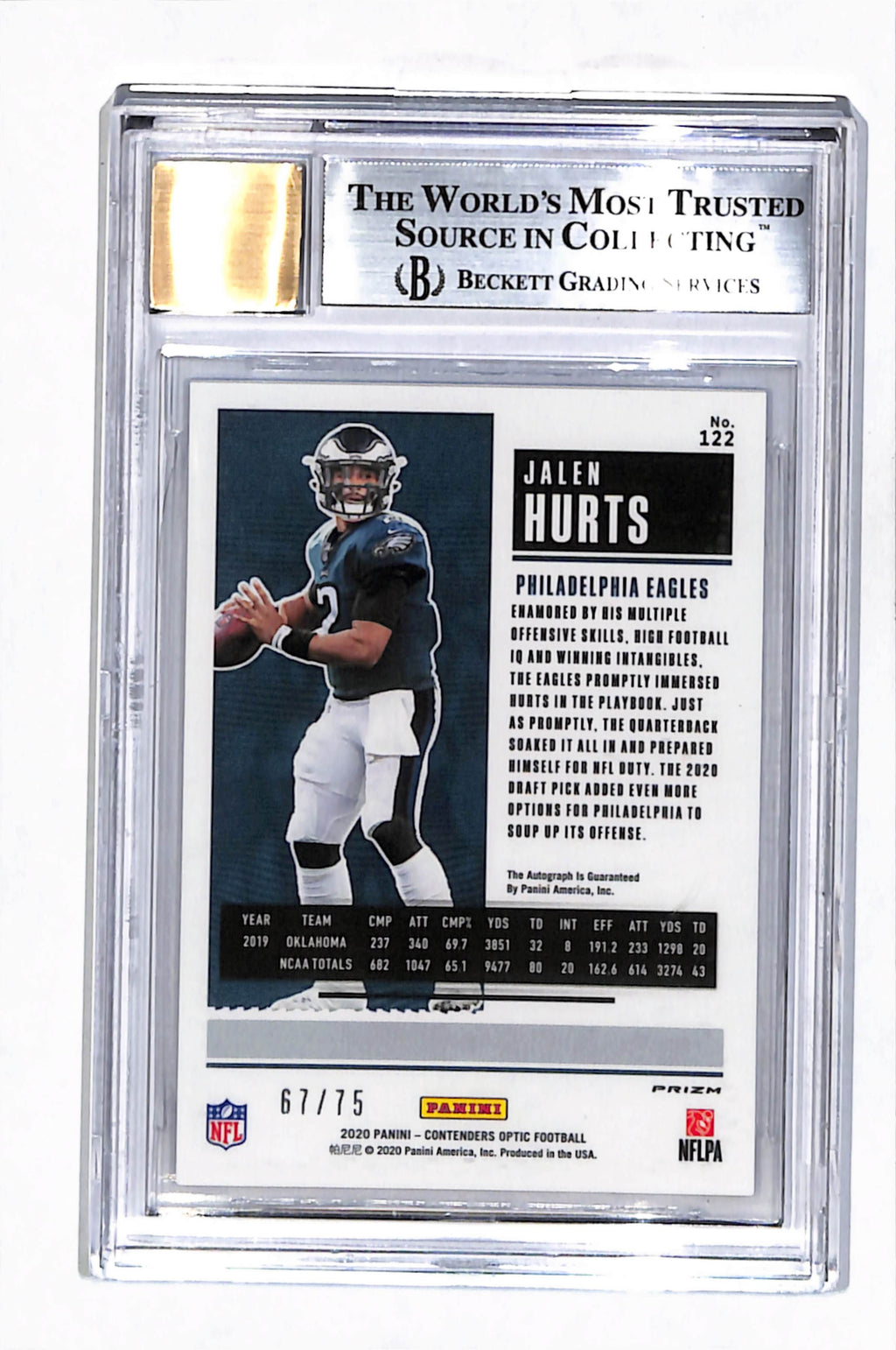 2020 Panini Contenders Optic Blue Jalen Hurts #122 /75 BGS 9 Auto 10