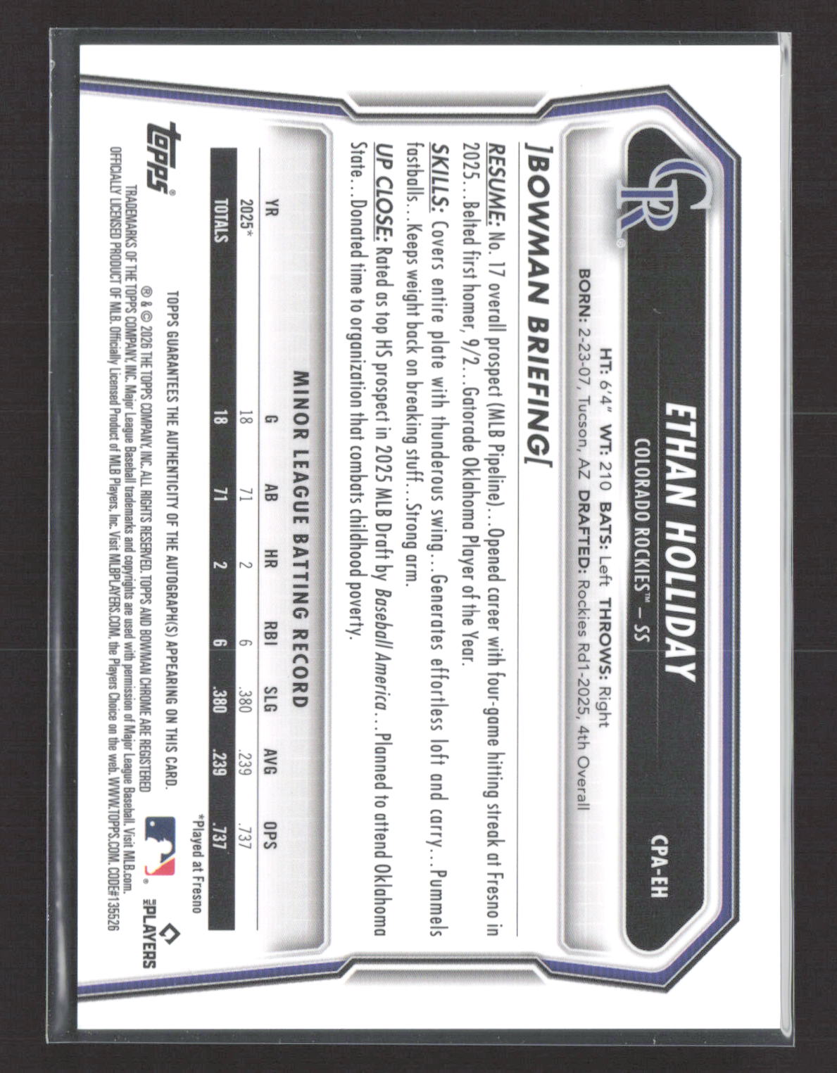 2026 Topps Bowman Chrome Ethan Holliday #CPA-EH 1st Bowman Auto