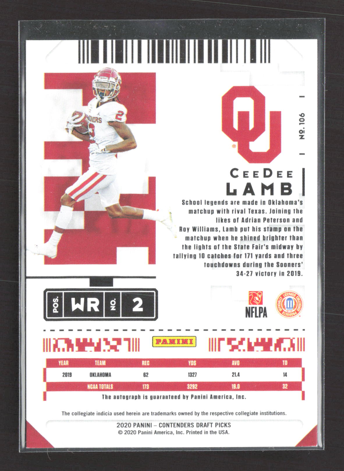 2020 Panini Contenders Draft Picks CeeDee Lamb #106 Playoff Ticket 07/10 RC Auto