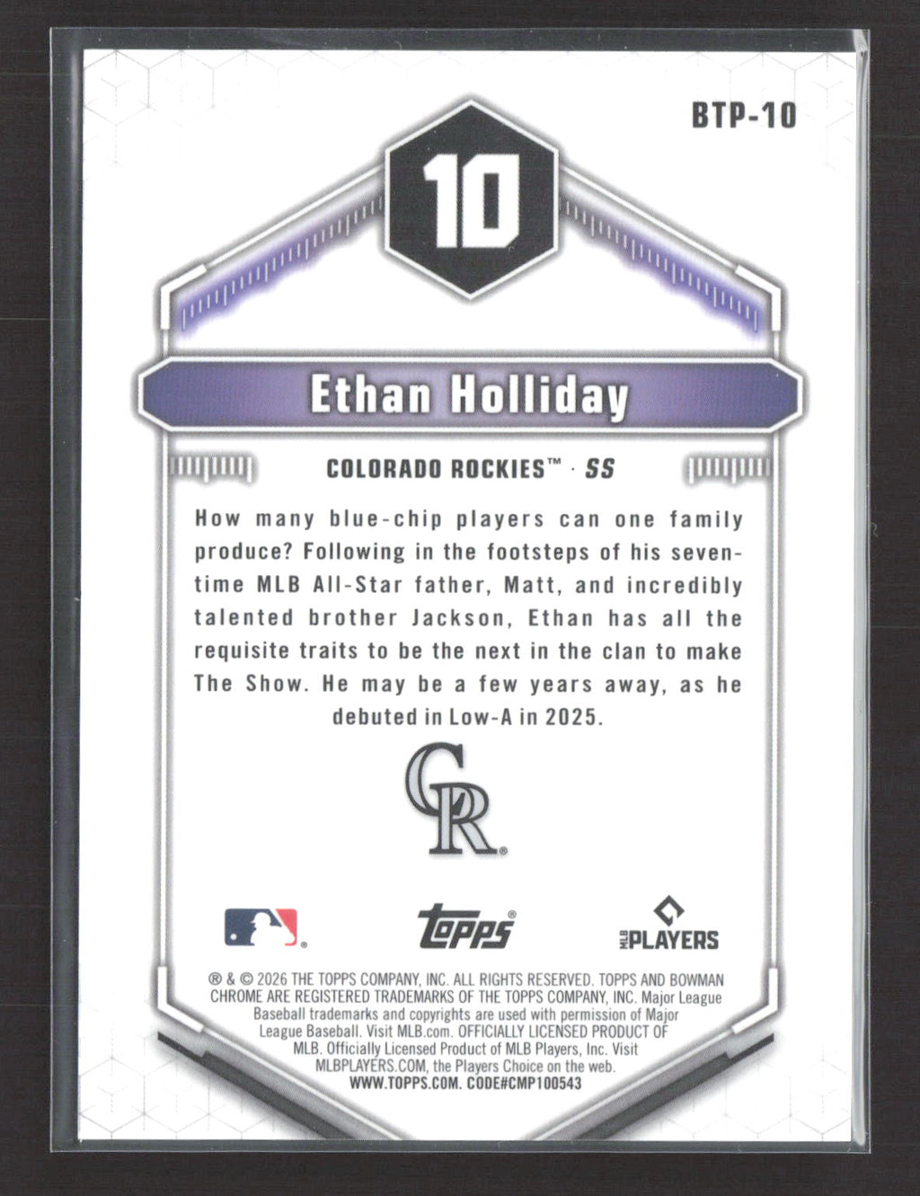 2026 Bowman Chrome Top 100 Ethan Holliday #BTP-10 Gold Refractor 19/50