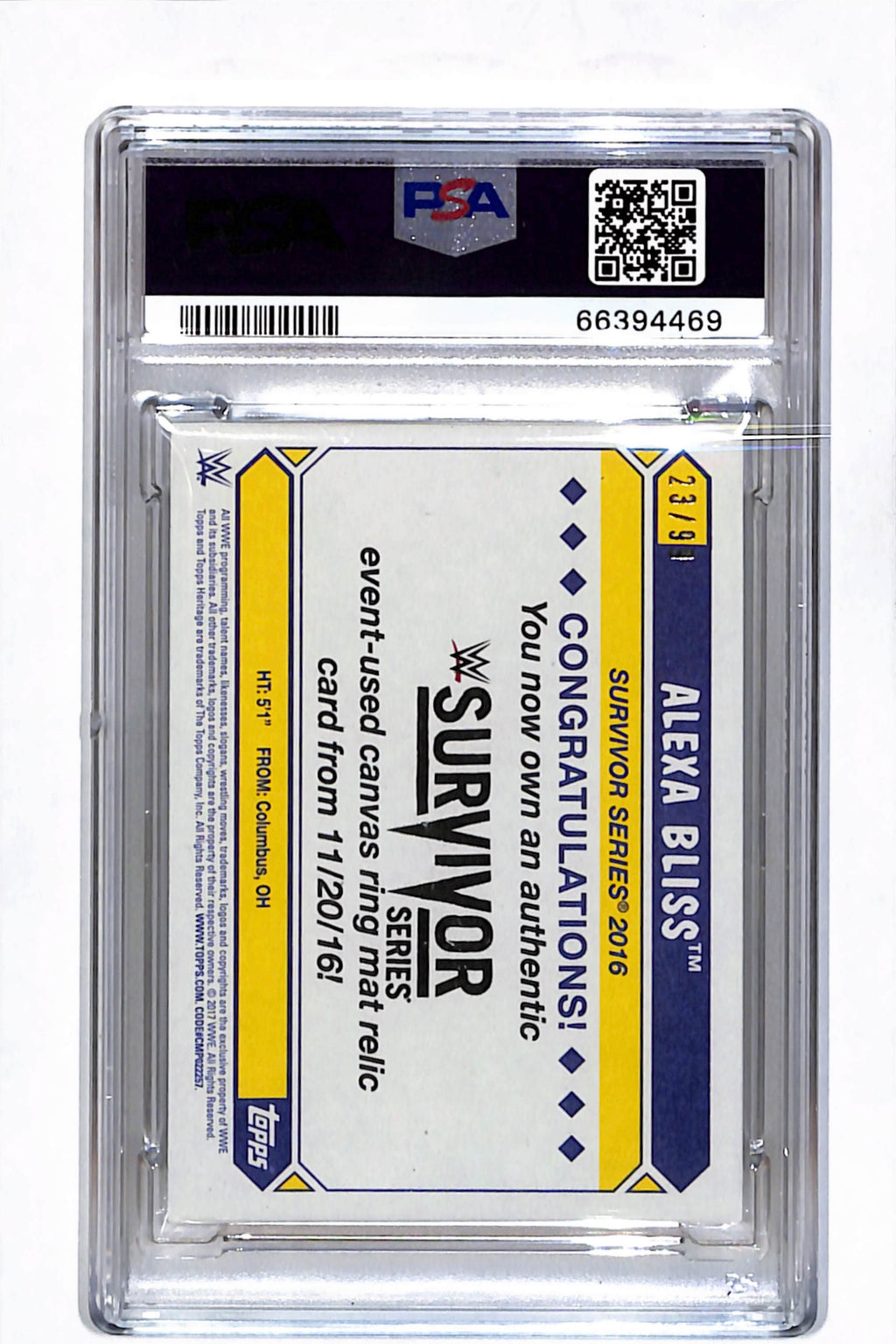 2017 Topps Heritage WWE Survivor 2016 Mat Relics Alexa Bliss Bronze PSA 9 /99