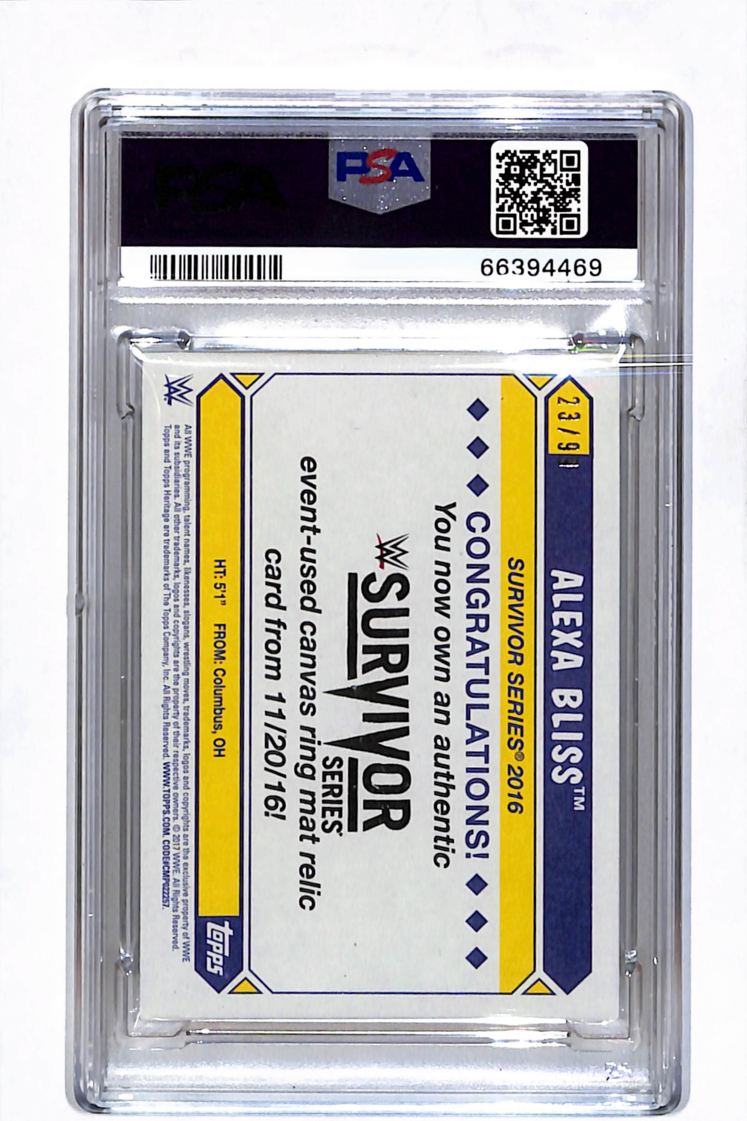 2017 Topps Heritage WWE Survivor 2016 Mat Relics Alexa Bliss Bronze PSA 9 /99