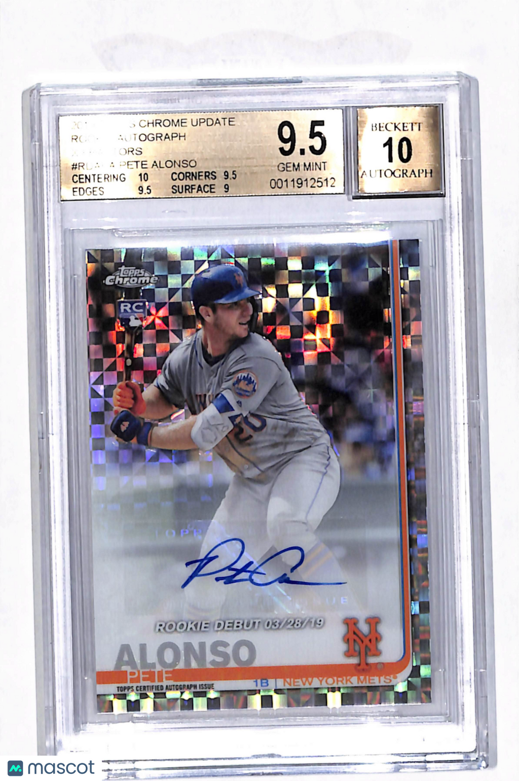 2019 Topps Chrome Rookie Auto XFractor Pete Alonso #RDAPA BGS 9.5 Auto 10 /125