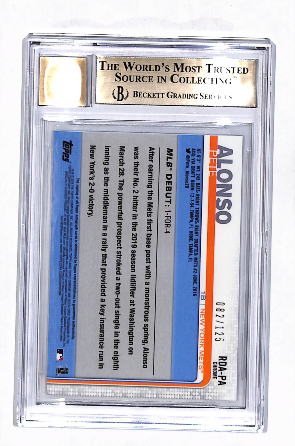 2019 Topps Chrome Rookie Auto XFractor Pete Alonso #RDAPA BGS 9.5 Auto 10 /125