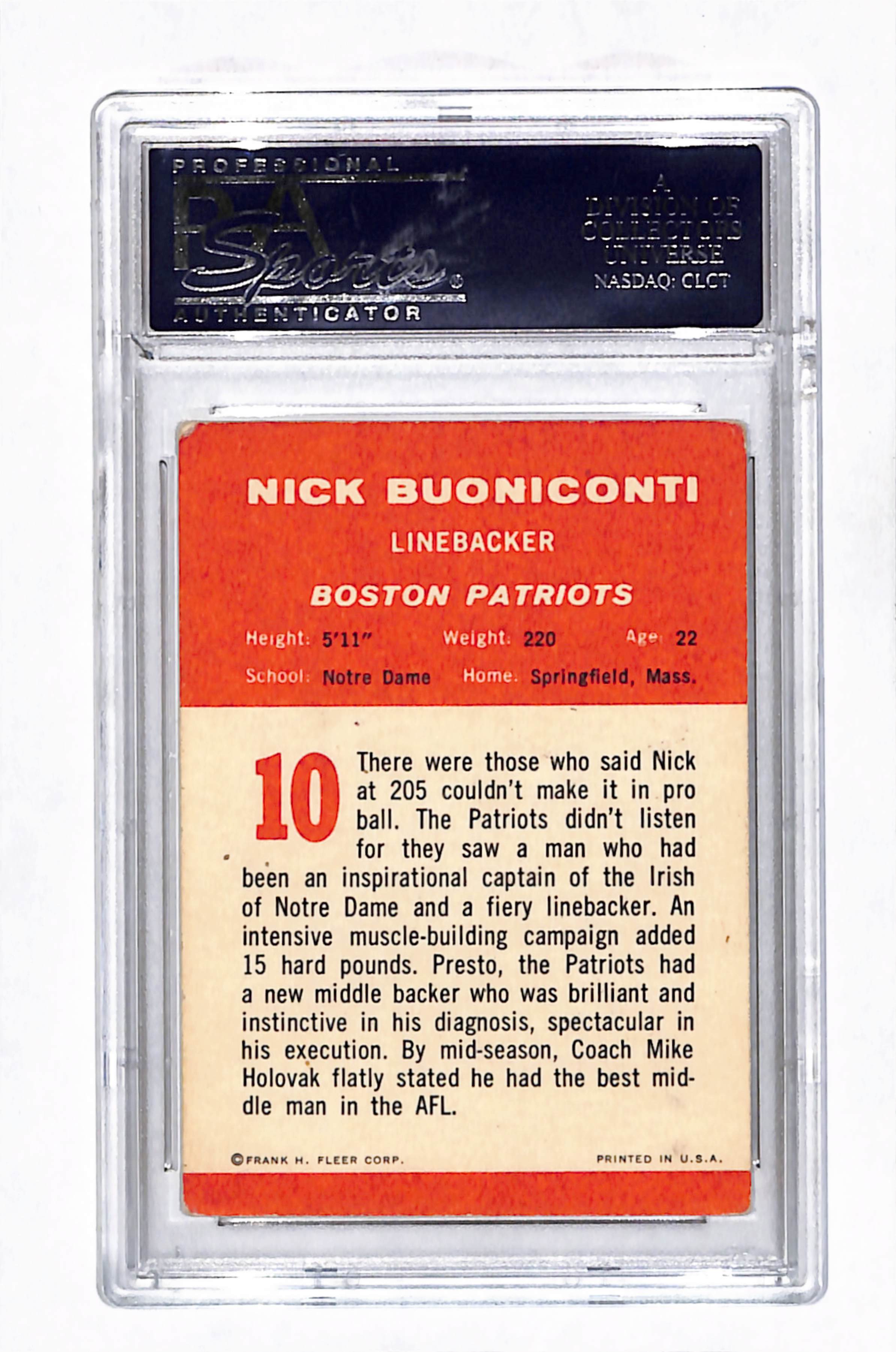 1963 Fleer Nick Buoniconti #10 PSA 3