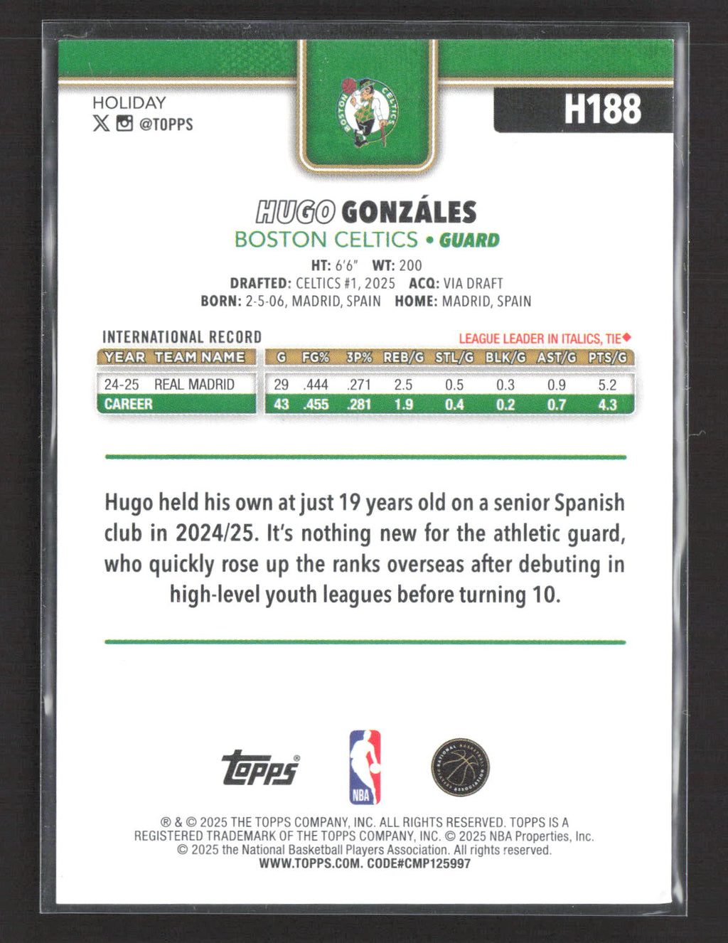 2025 Topps Holiday Hugo Gonzalez #H188 Gold Glitter RC 1/1