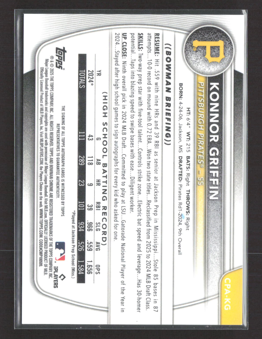 2025 Bowman Chrome Konnor Griffin #CPA-KG Purple 180/250 Auto