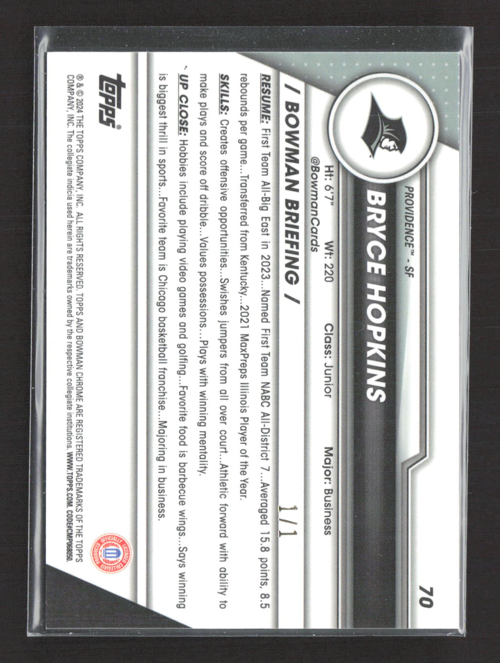 2024 Bowman Chrome University Bryce Hopkins #70 Pink Padparascha 1/1 1st Bowman