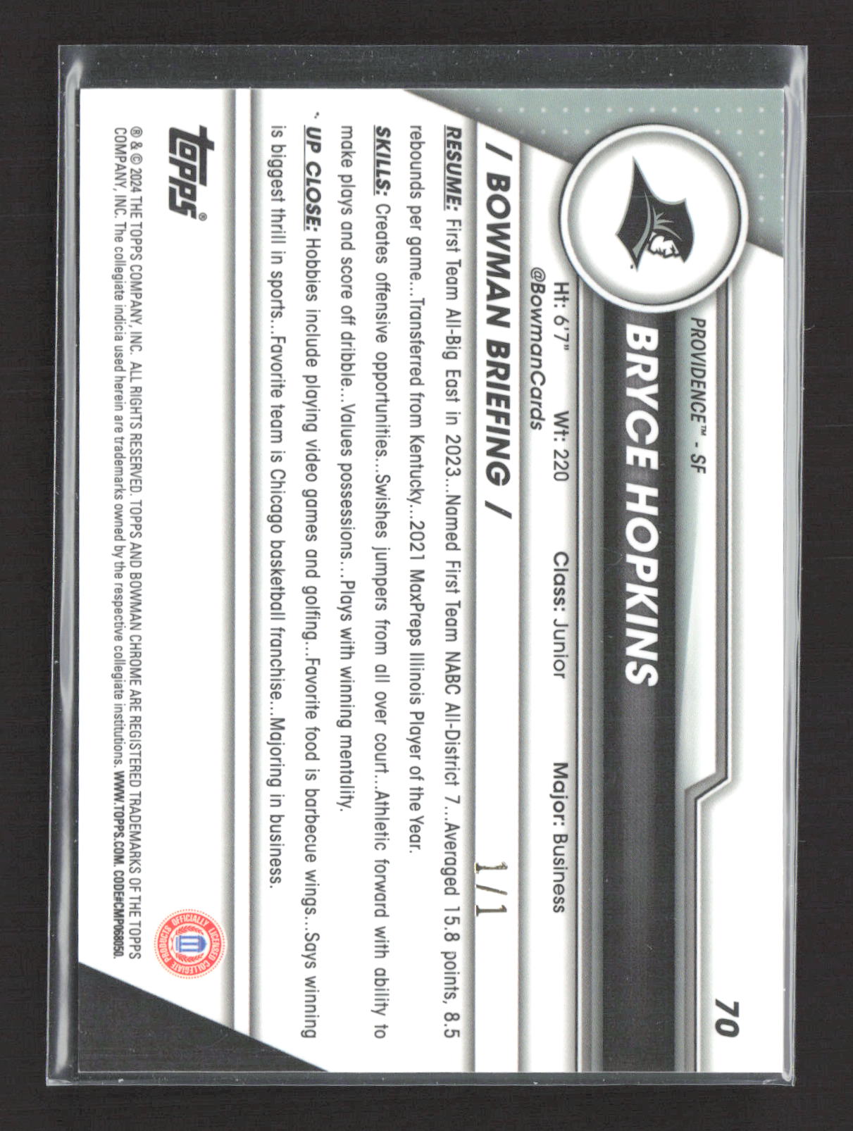 2024 Bowman Chrome University Bryce Hopkins #70 Pink Padparascha 1/1 1st Bowman