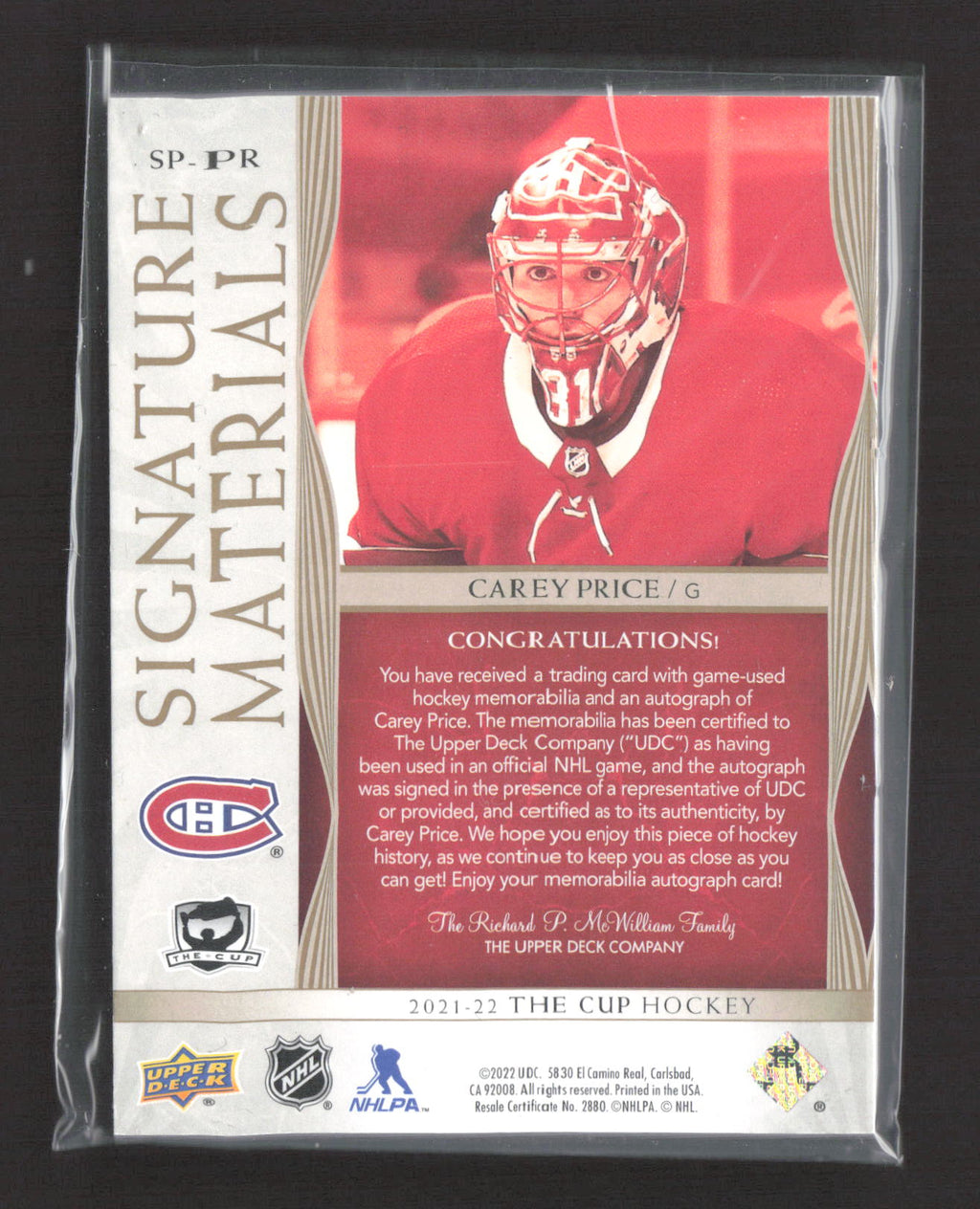 2021 Upper Deck The Cup Signature Materials Carey Price #SP-PR 41/99 Stick Auto