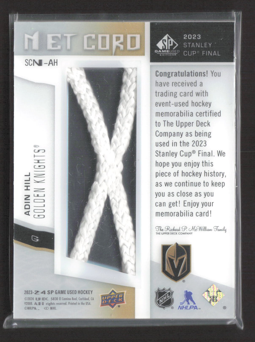 2024 Upper Deck SP Game Used Adin Hill #SCN-AH Stanley Cup Final Net Cord /25