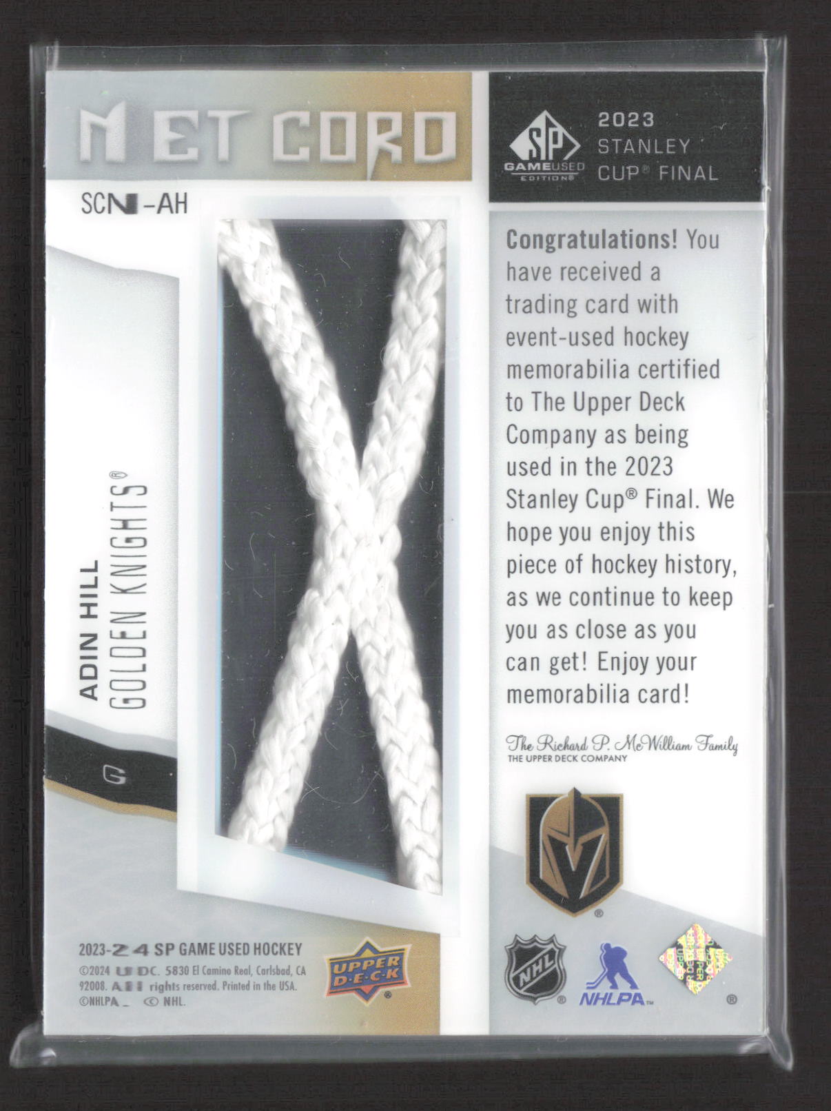 2024 Upper Deck SP Game Used Adin Hill #SCN-AH Stanley Cup Final Net Cord /25