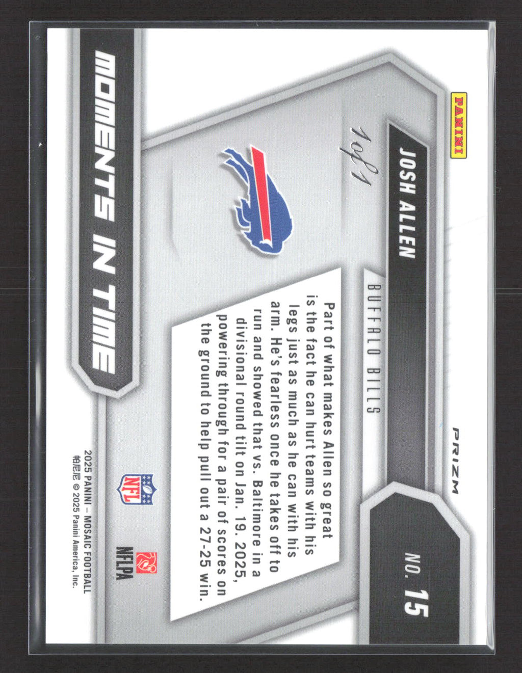 2025 Panini Mosaic Prizm Josh Allen #15 Black 1/1