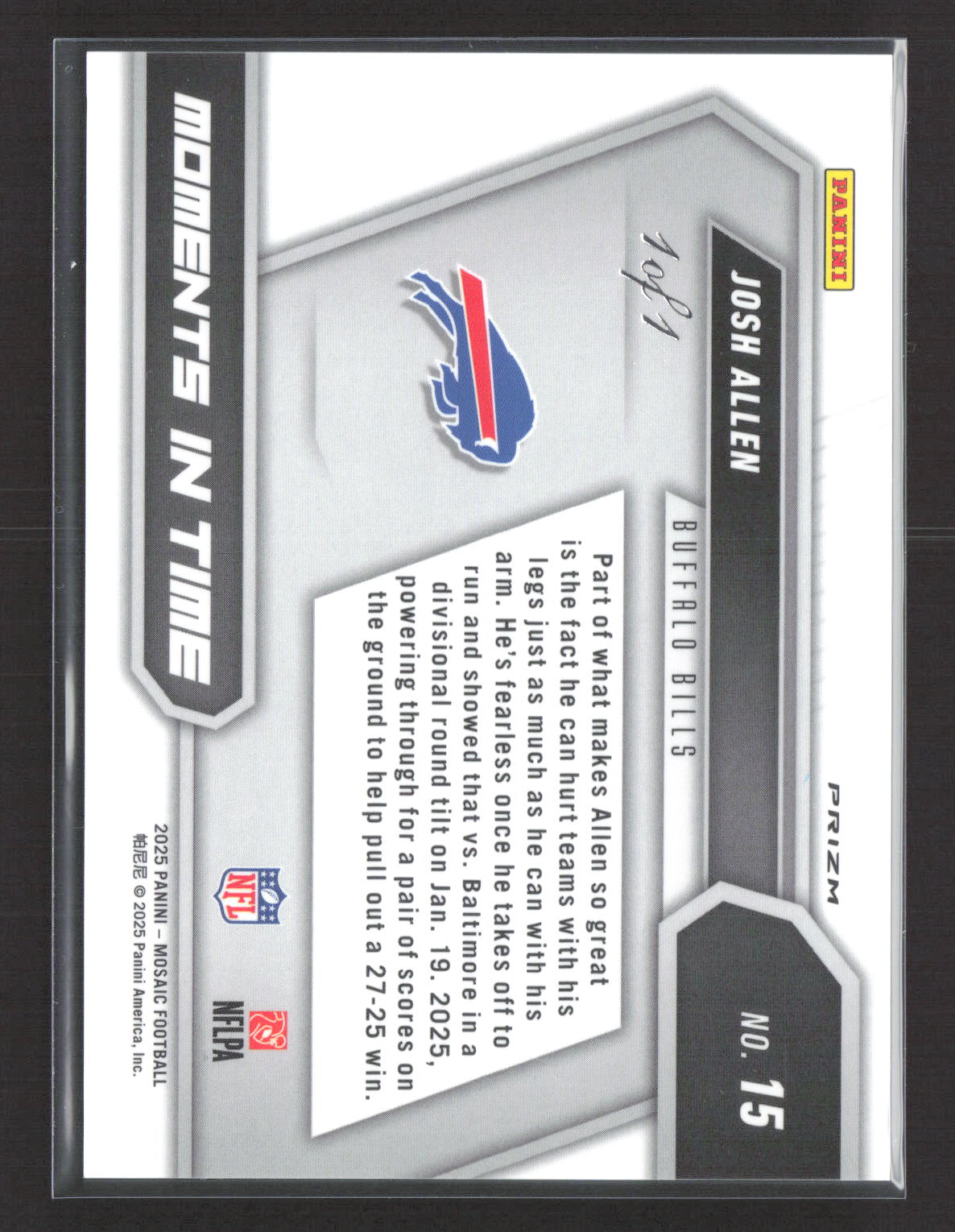 2025 Panini Mosaic Prizm Josh Allen #15 Black 1/1
