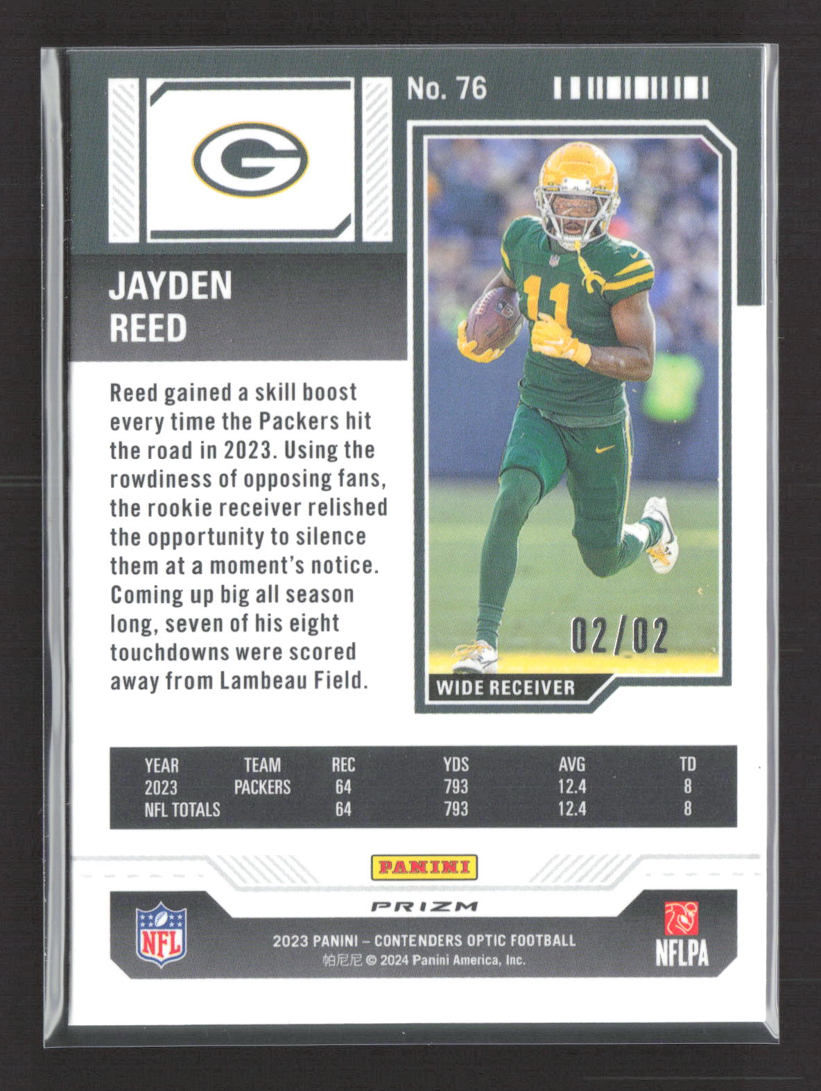 2024 Panini Contenders Optic Prizm Jayden Reed #76 Nebula RC 02/02