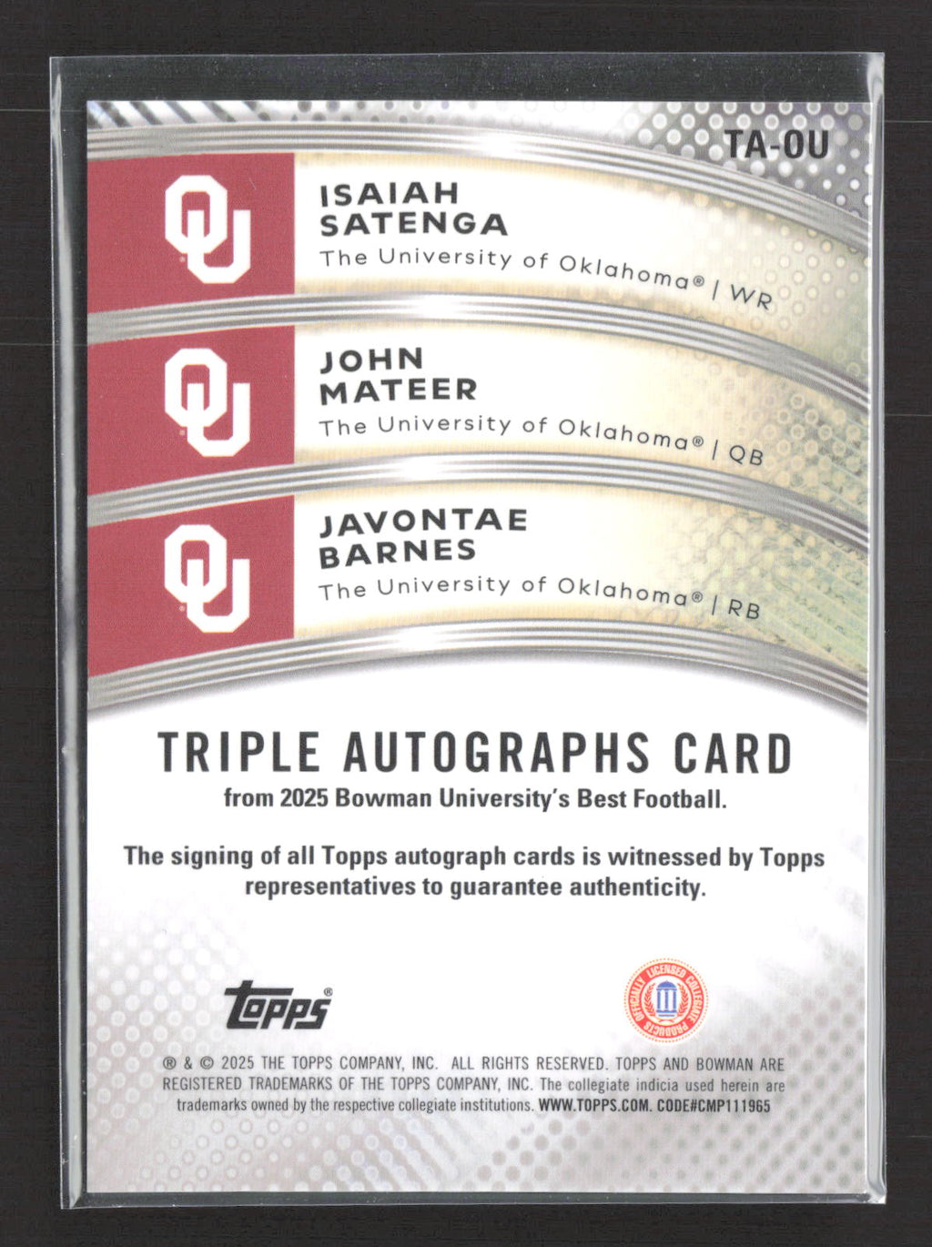 2025 Bowman University Best Javontae Barnes Isaiah Satenga John Mateer /10 Auto