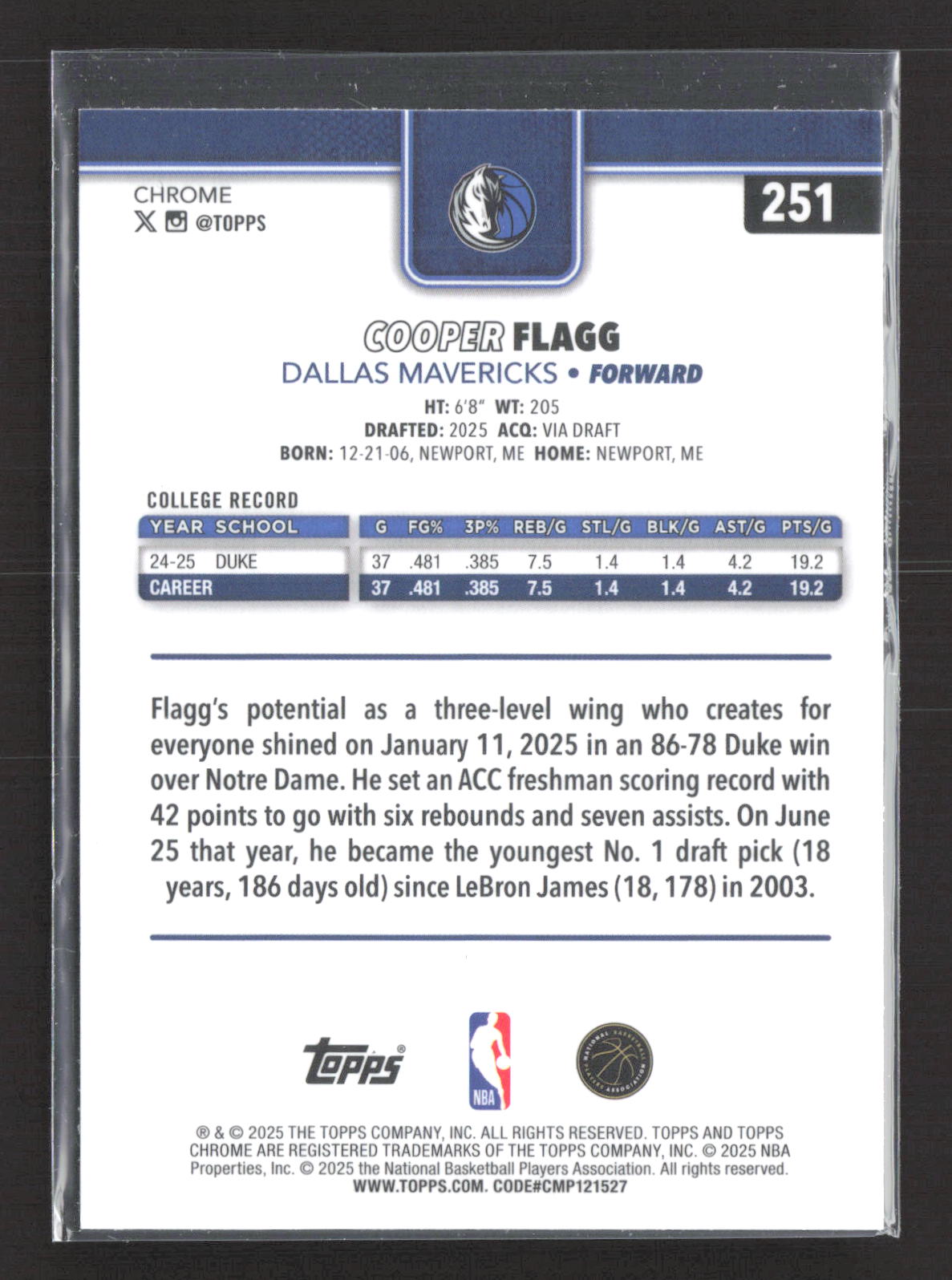 2025 Topps Chrome Cooper Flagg #251 RC Red White & Blue