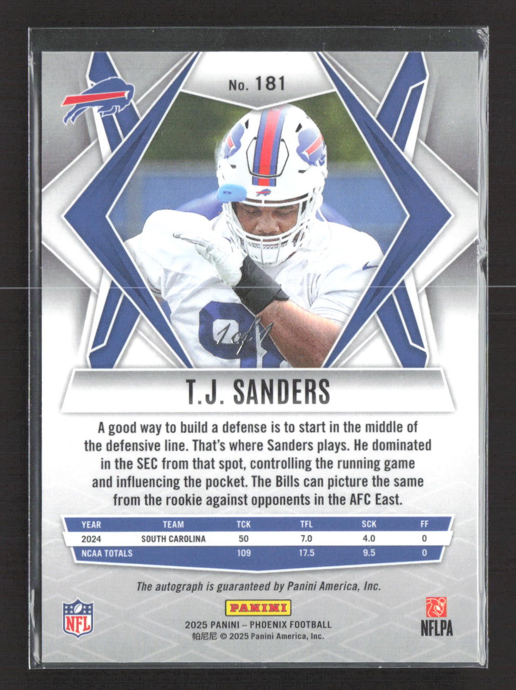 2025 Panini Phoenix Football T.J. Sanders #181 RC Black Pandora Auto 1/1