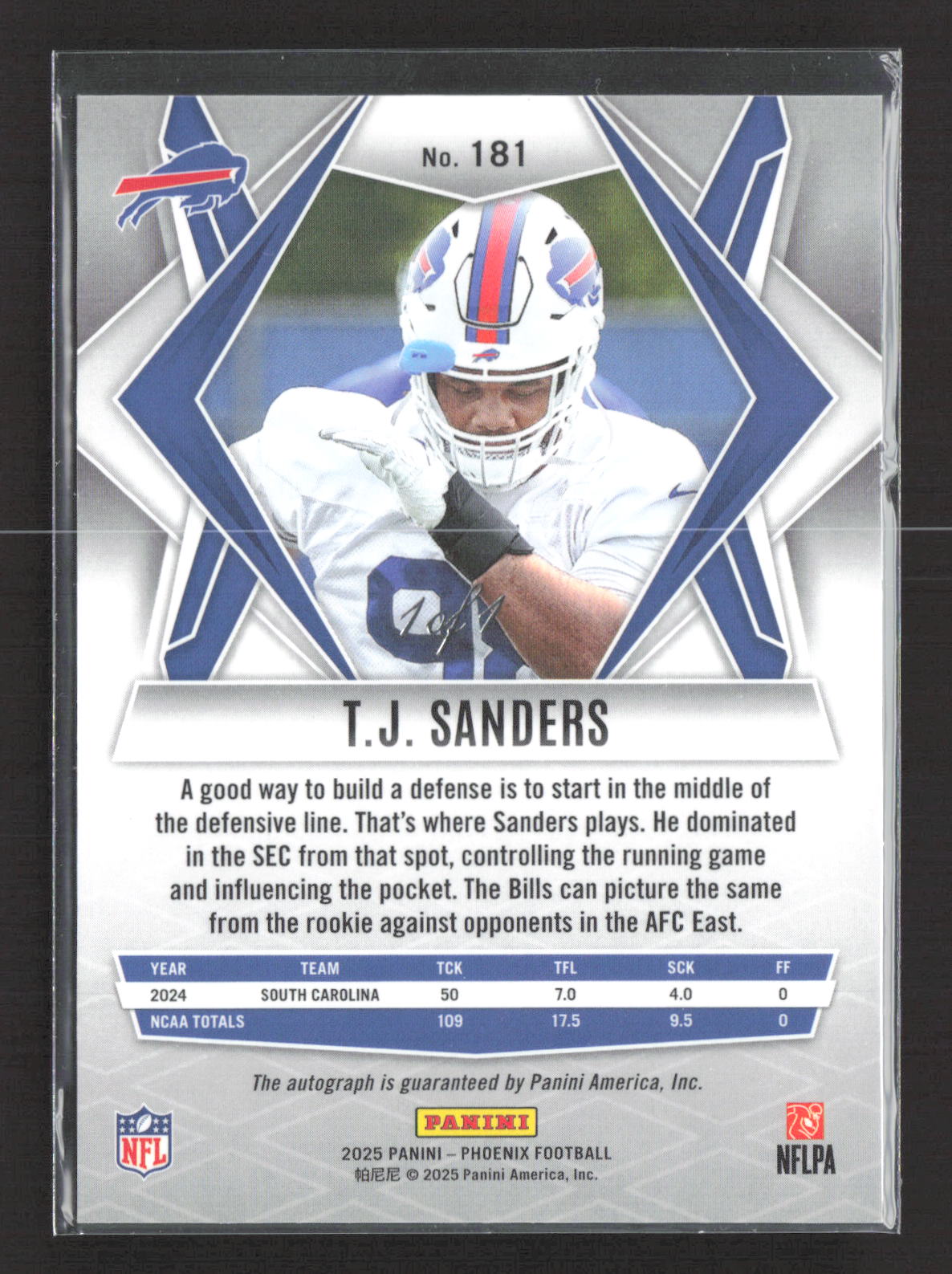 2025 Panini Phoenix Football T.J. Sanders #181 RC Black Pandora Auto 1/1