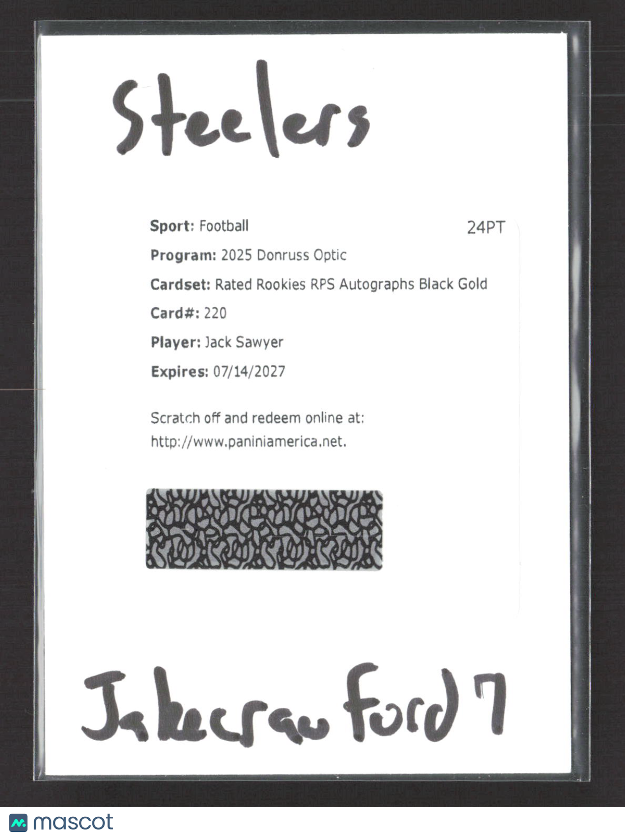 2025 Panini Donruss Optic Rated Rookies Auto Black Gold Jack Sawyer #220 Auto