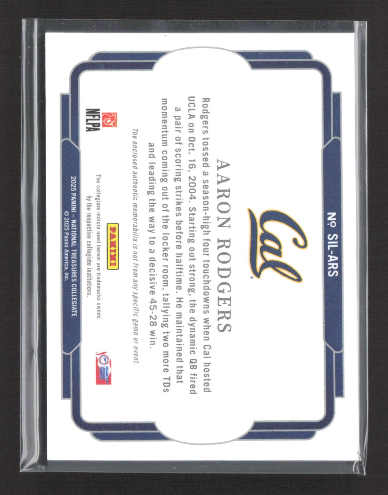2025 Panini National Treasures Collegiate Aaron Rodgers #SIL-ARS 1/1 Patch