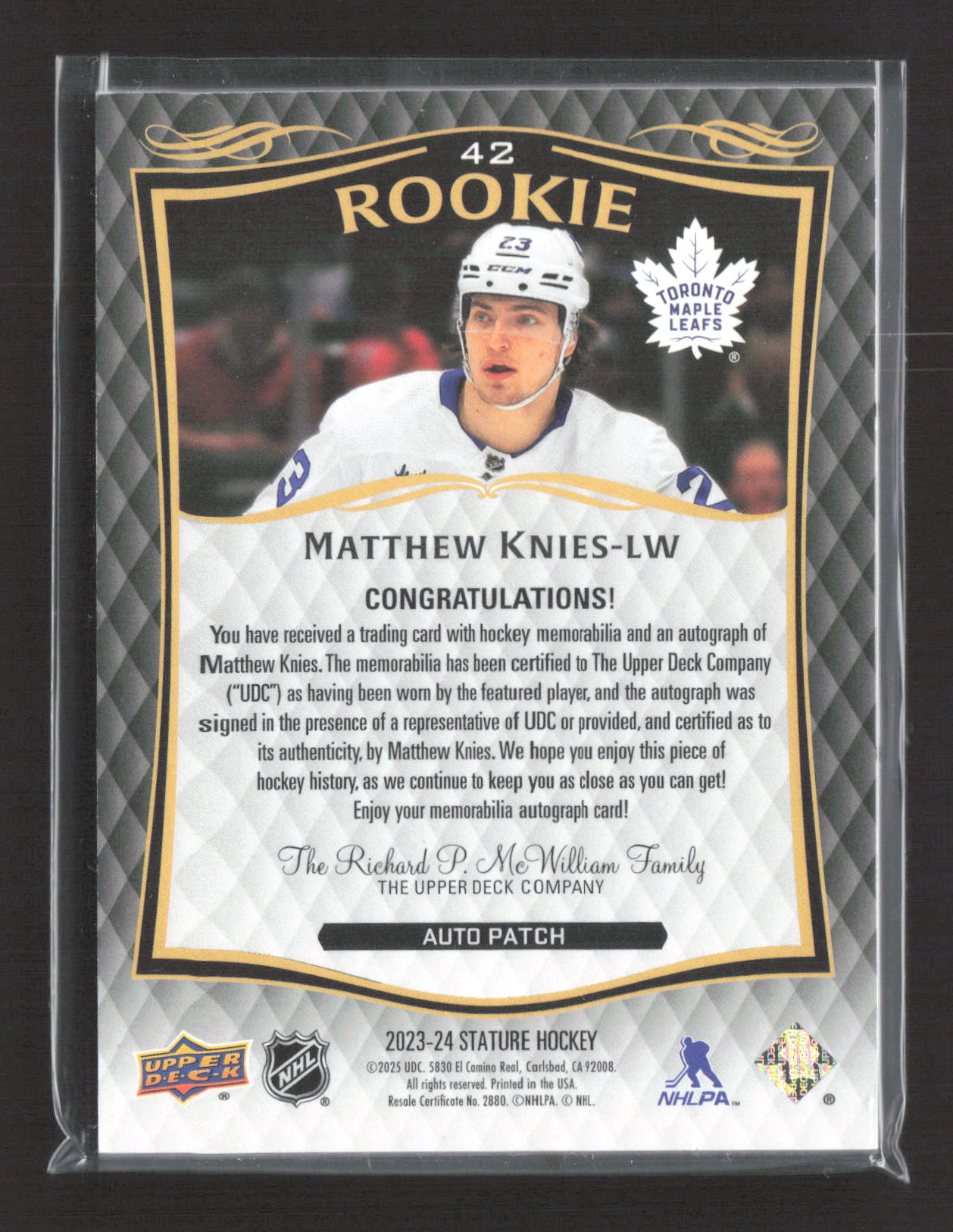 2025 Upper Deck Stature Matthew Knies #42 Patch 07/49 Patch Auto