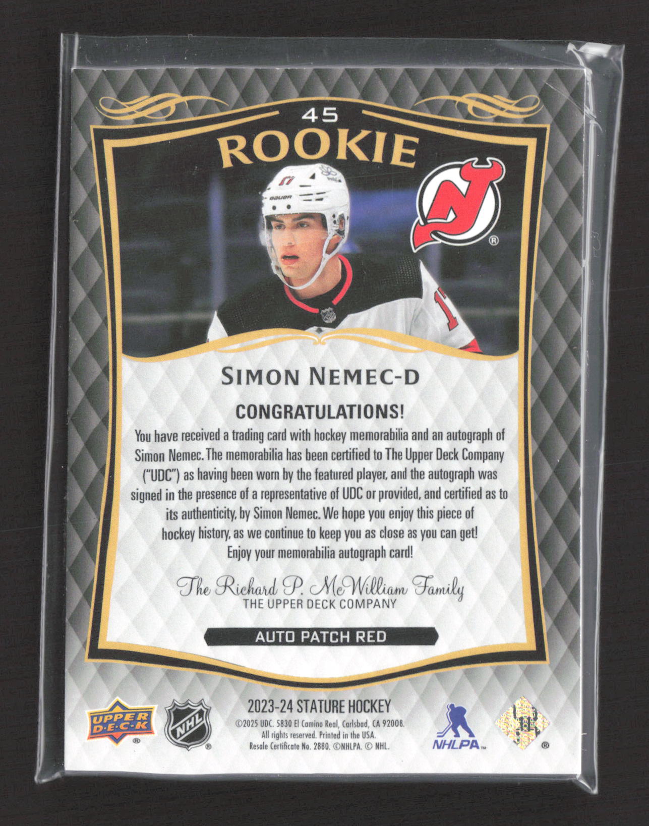 2025 Upper Deck Stature Simon Nemec #45 Auto Patch Red 01/25