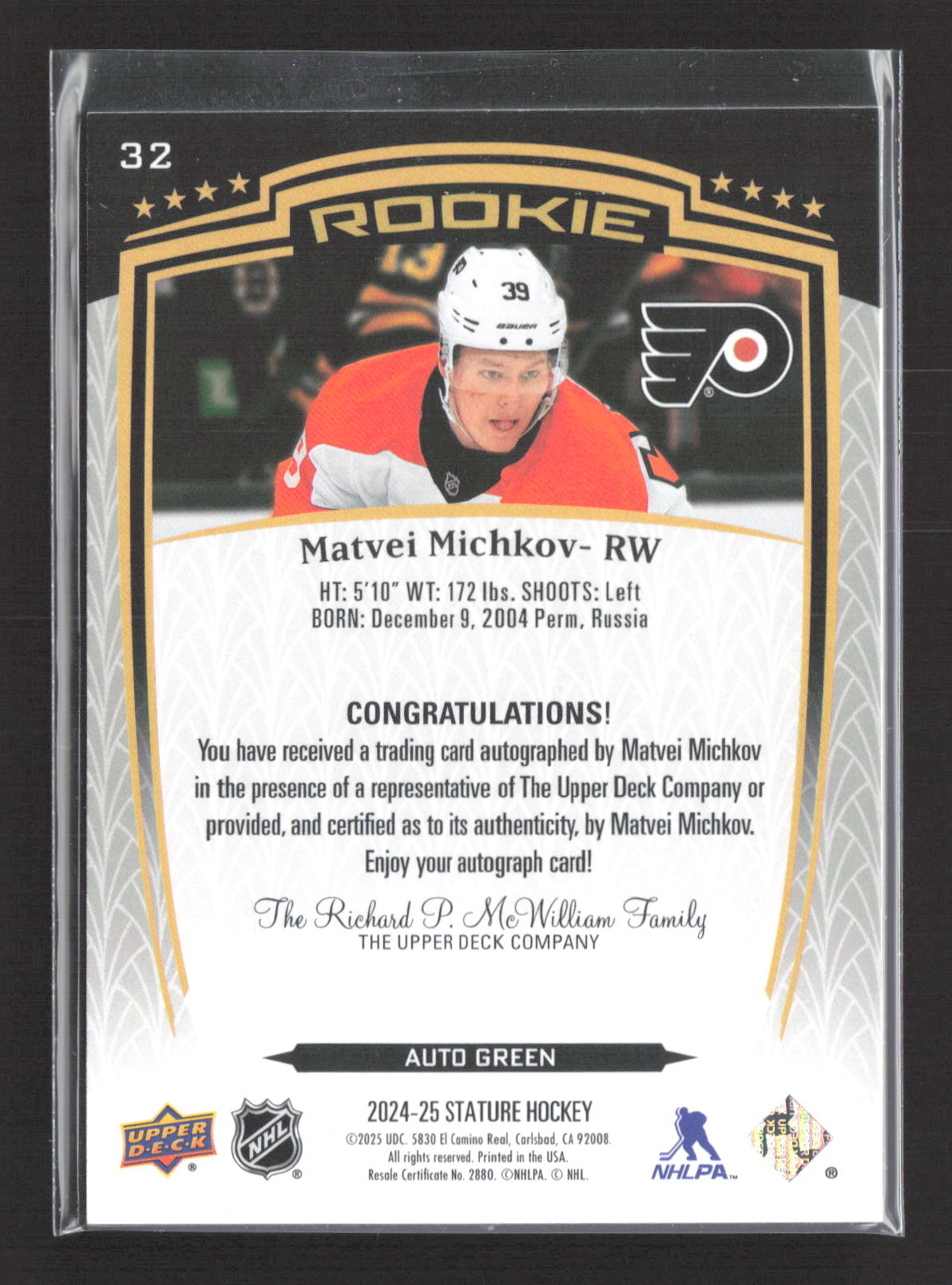 2025 Upper Deck Stature Matvei Michkov #32 Auto Green 016/199 Auto