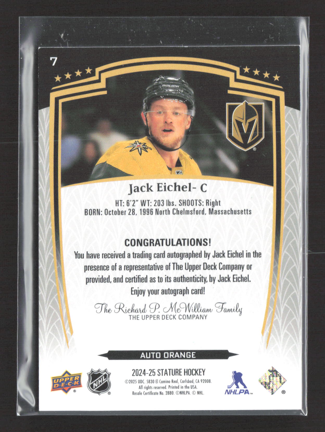2025 Upper Deck Stature Jack Eichel #7 Auto Orange 32/50 Auto