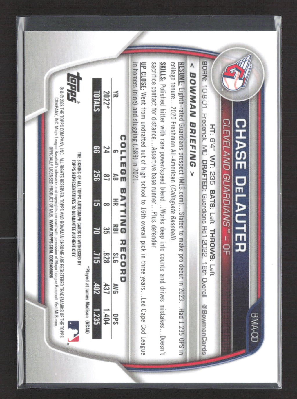 2023 Bowman Chrome Chase DeLauter #BMA-CD Blue Mojo Refractor /150 Auto