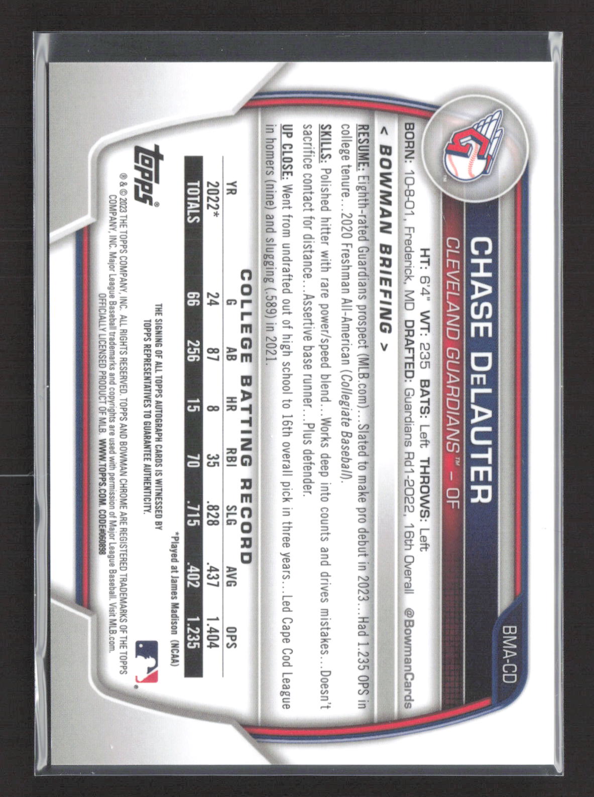2023 Bowman Chrome Chase DeLauter #BMA-CD Blue Mojo Refractor /150 Auto