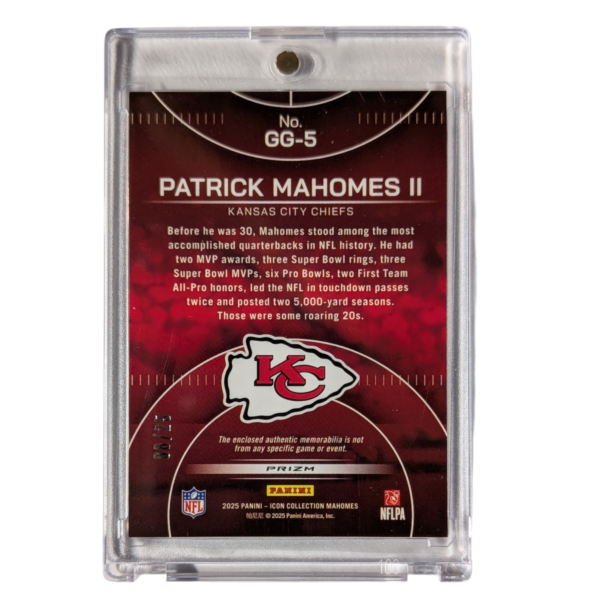 2025 Panini Icon Collection Patrick Mahomes Game Gear Black Pandora #'d 08/25