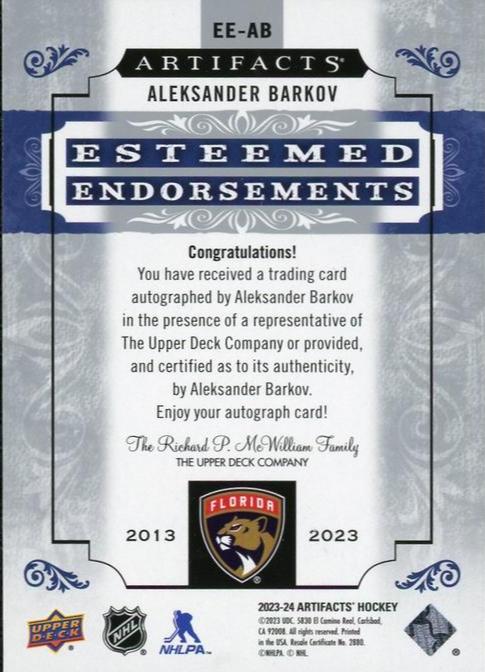 2023 Upper Deck Artifacts EE-AB Aleksander Barkov Esteemed Endorsements /35 Florida Panthers Auto