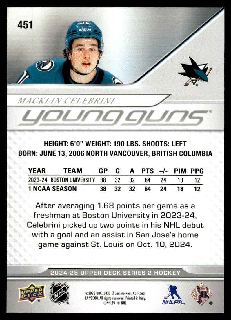 2024 Upper Deck Young Guns 451 Macklin Celebrini Young Guns Rookie Sharks