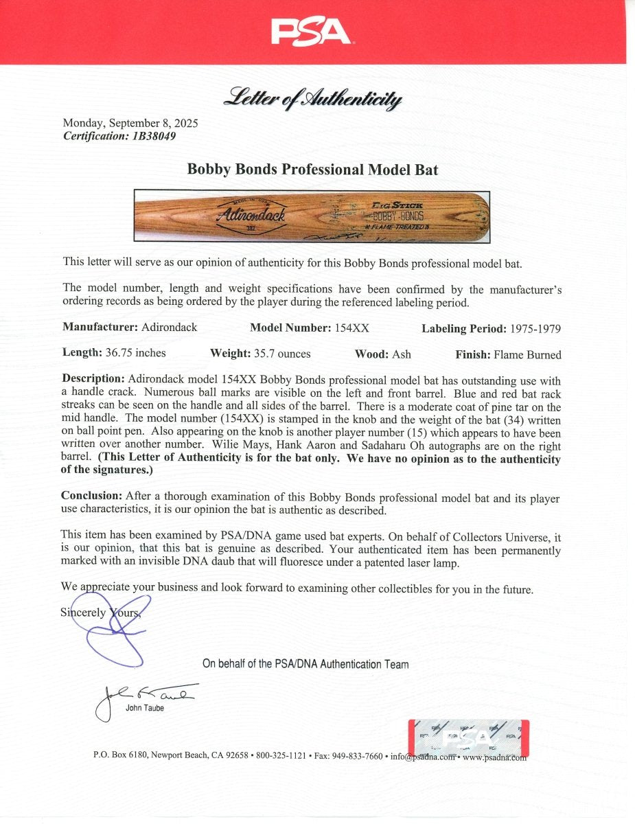 1975-79 Bobby Bonds Game Used Bat Signed By Willie Mays, Hank Aaron & Sadaharu Oh