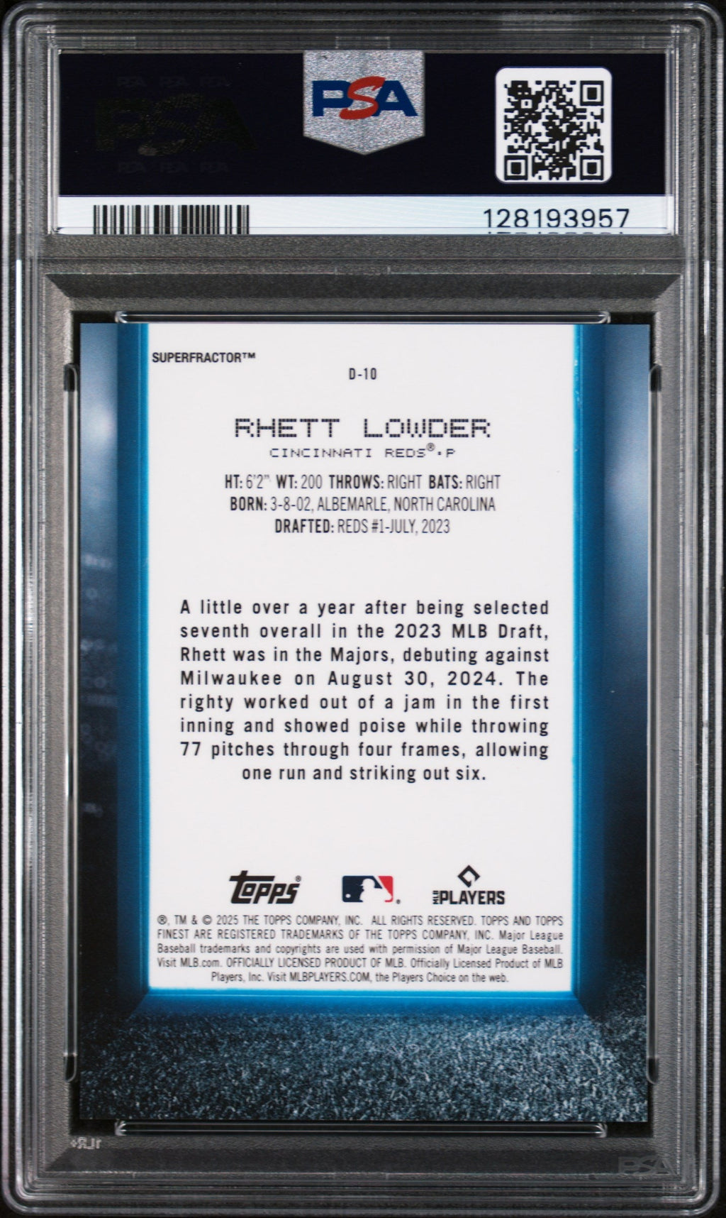 2025 Topps Finest Debut Superfractor 1/1 Rhett Lowder #D10 PSA 10