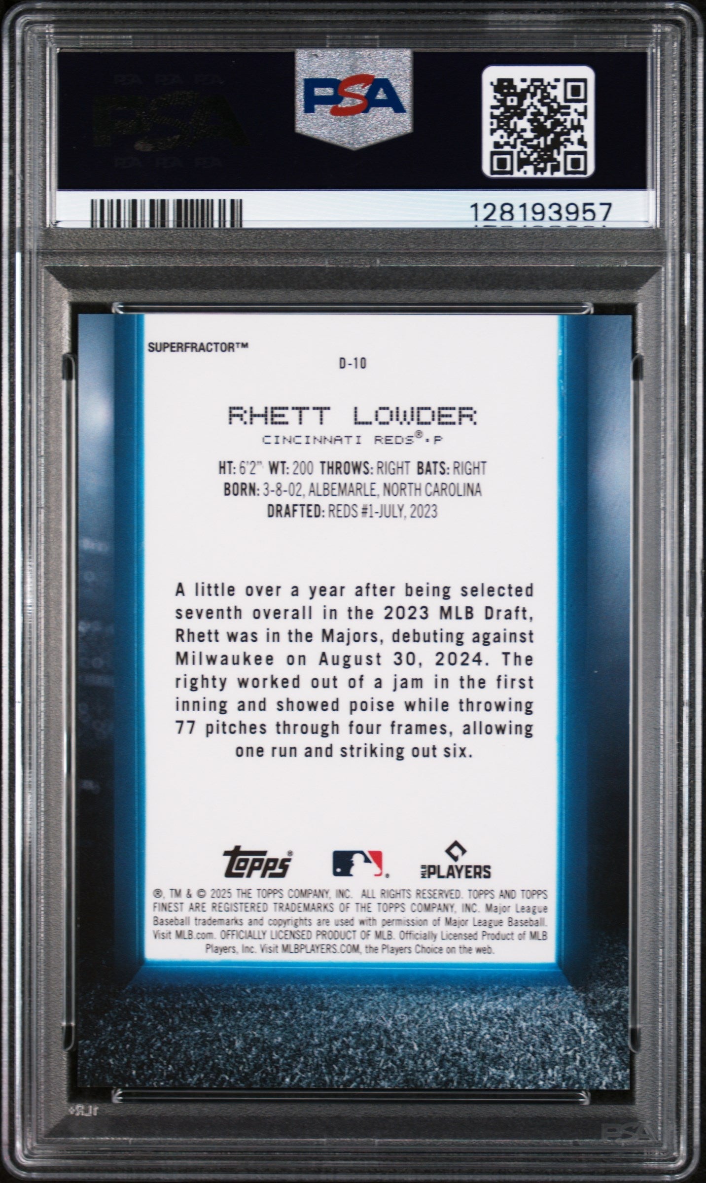 2025 Topps Finest Debut Superfractor 1/1 Rhett Lowder #D10 PSA 10