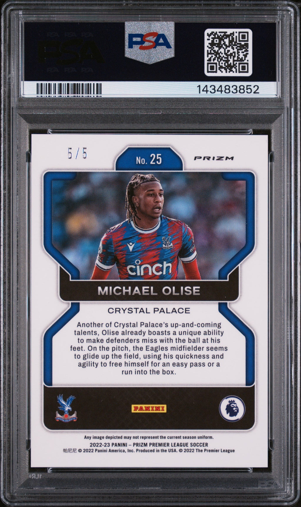 2022 Panini Prizm Premier League Green Prizm Michael Olise #25 5/5 PSA 9