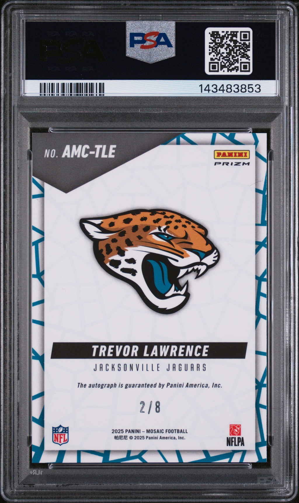 2025 Panini Mosaic Autographs Mosaic Auto Mosaic-Blk Gold Choice Trevor Lawrence #AMC-TLE /8 PSA 10