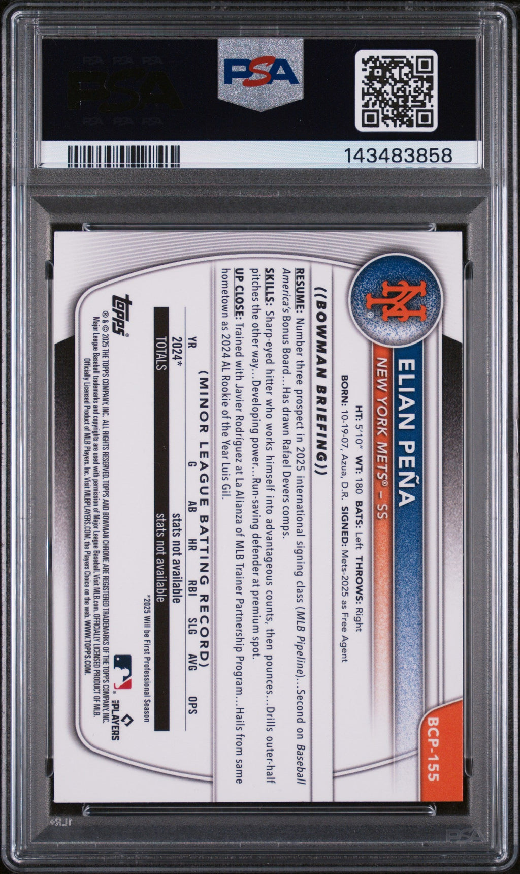 2025 Bowman Chrome Mega Box Chrome Prospects Steel Metal Elian Pena #155 /100 PSA 10