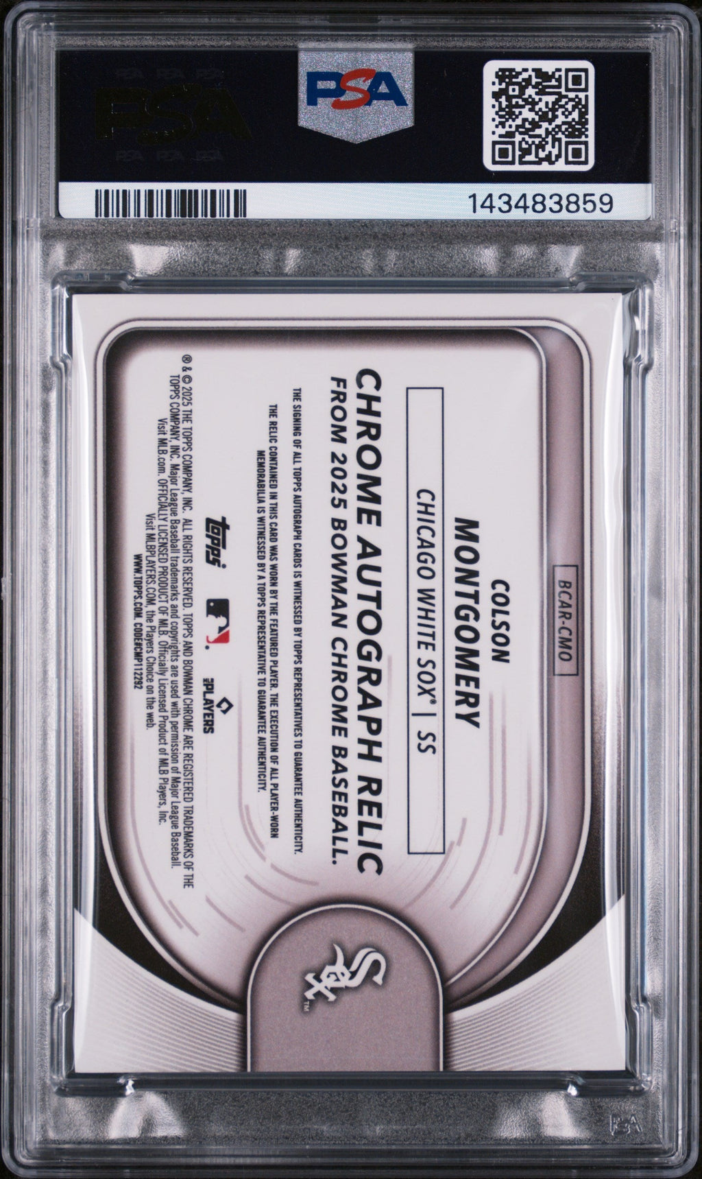 2025 Bowman Chrome Chrome Autograph Relics Chrome Auto Relics-Red Ref Colson Montgomery #BCAR-CMO /5 PSA 10