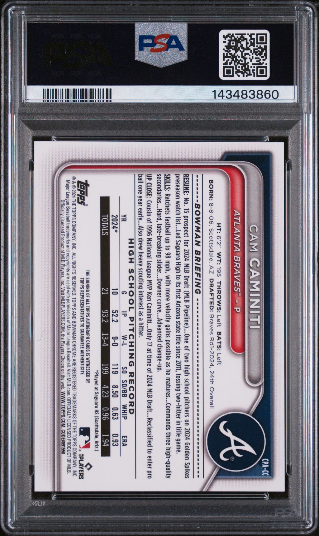 2024 Bowman Draft Aqua Lava Refractor Cam Caminiti #CPA-CC /199 PSA 9